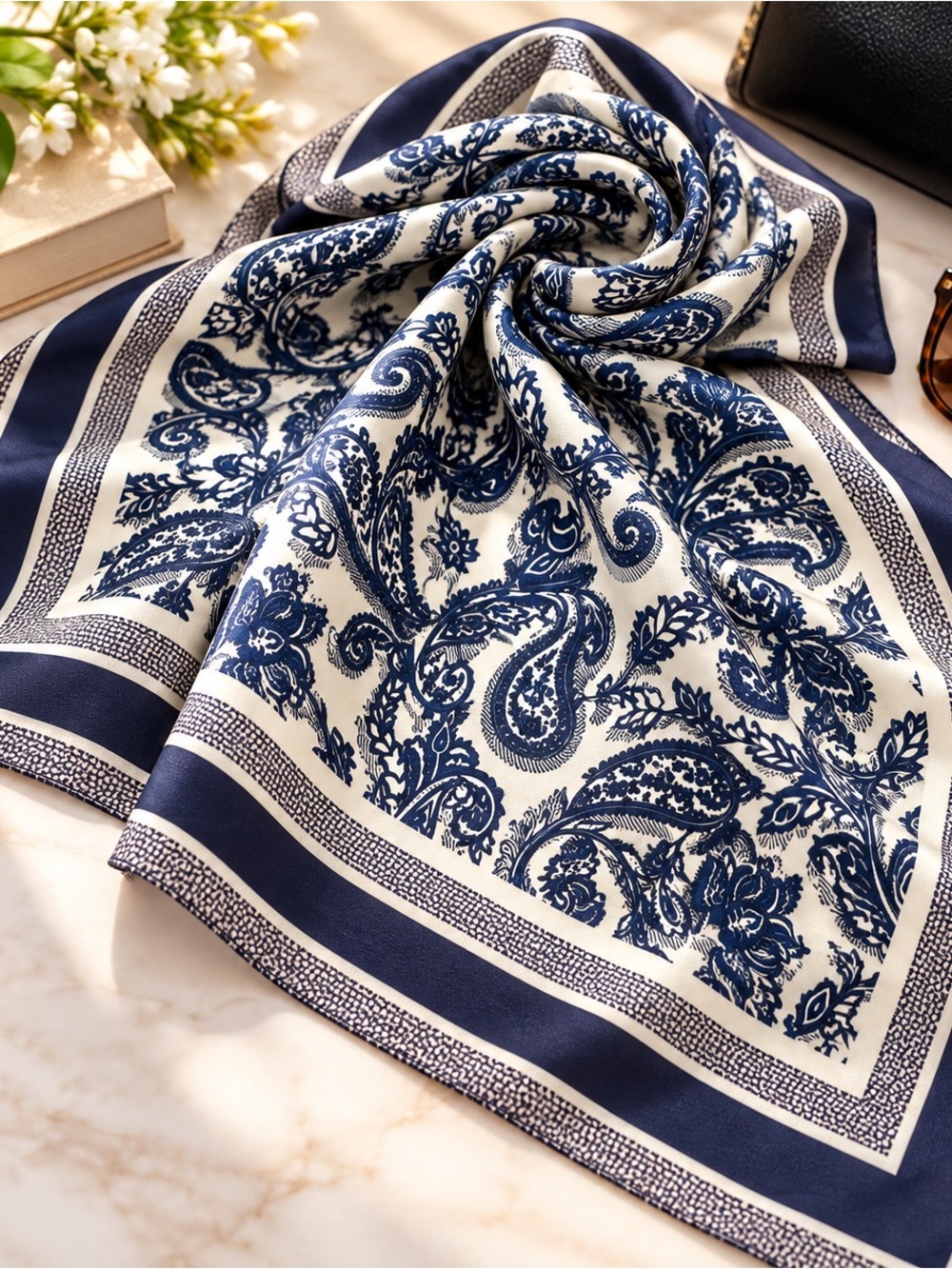 Navy Blue Ivory Paisley Square Scarf 35x27 Lightweight Polyester Bandana